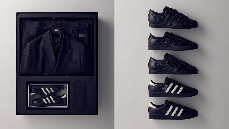 Kith x Adidas Superstar Black Tie 2.0 sneaker in premium black leather with waxed laces and dress shoe-inspired detailing.