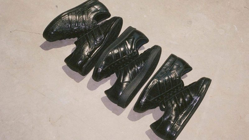 Kith x Adidas Superstar Black Tie 2.0 sneaker in premium black leather with waxed laces and dress shoe-inspired detailing.