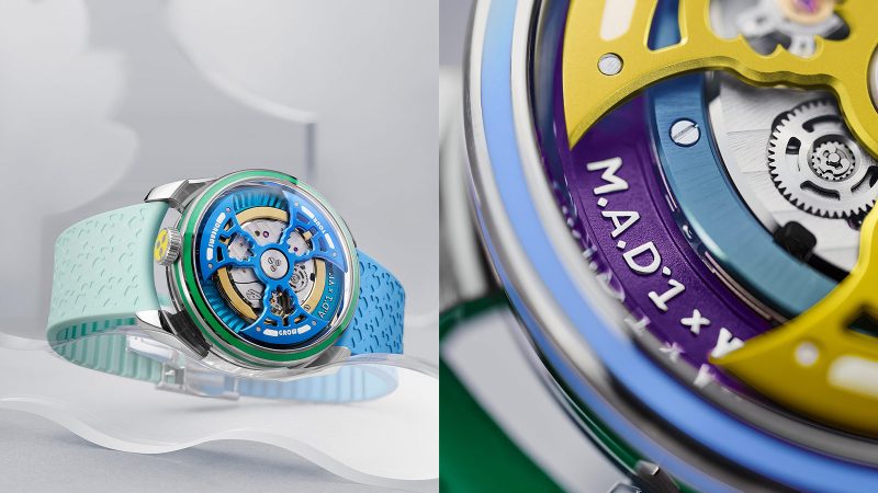 MB&F M.A.D.1S “Grow Your Dreams” watch in Sun, Nature, and Water editions with Yinka Ilori’s colorful design and Swiss La Joux-Perret movement.
