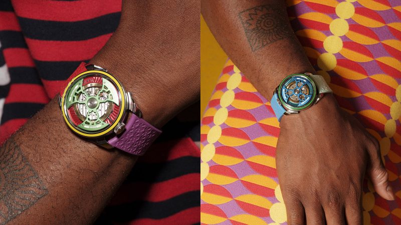 MB&F M.A.D.1S “Grow Your Dreams” watch in Sun, Nature, and Water editions with Yinka Ilori’s colorful design and Swiss La Joux-Perret movement.