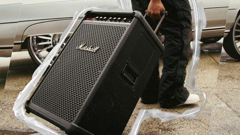Marshall Bromley 750 Party Speaker with amp-style knobs, stage lights, and 40-hour battery life, designed for powerful 360° sound.
