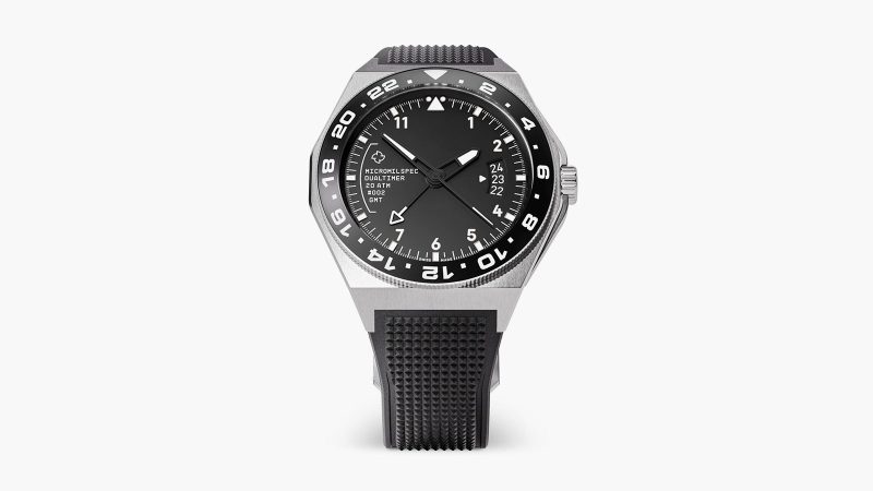 Micromilspec Dualtimer GMT pilot watch in brushed stainless steel with dual-color lume, Swiss automatic movement, and 24-hour rotating bezel.