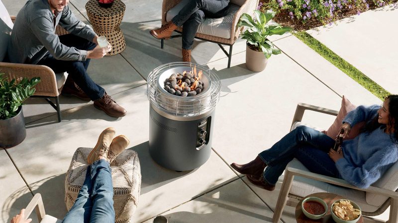 Ninja Fireside360 outdoor propane fire pit and heater with smokeless flames, 360-degree HeatZone technology, and dial-controlled flame and heat modes.