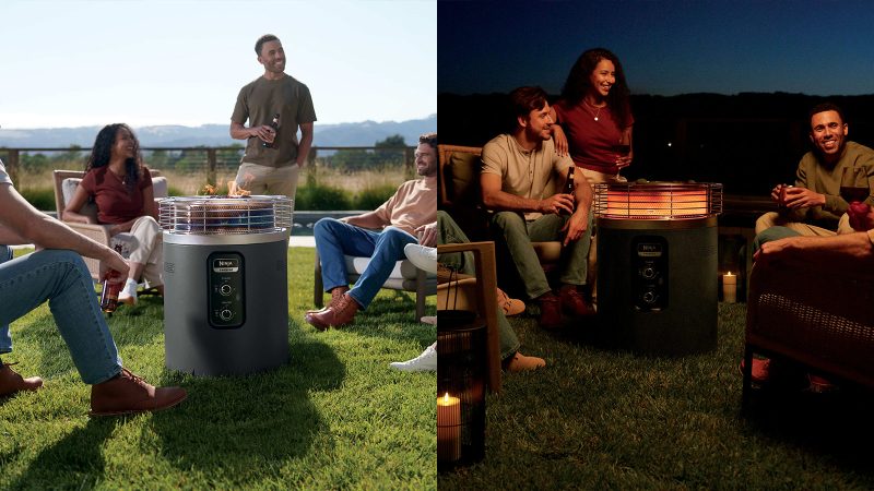 Ninja Fireside360 outdoor propane fire pit and heater with smokeless flames, 360-degree HeatZone technology, and dial-controlled flame and heat modes.