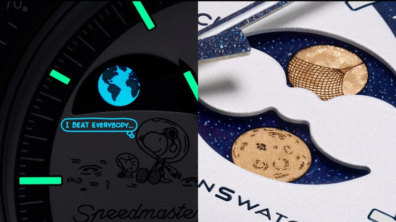 Omega x Swatch Mission to Earthphase Moonshine Gold watch with navy Bioceramic case, Moonshine Gold moon indicators, and UV-reactive Snoopy art.