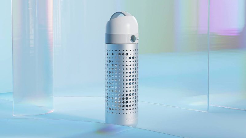 The OKAPA Water Bottle features a German borosilicate glass core, anodized aluminum shell, and a precision Swiss-made spout.