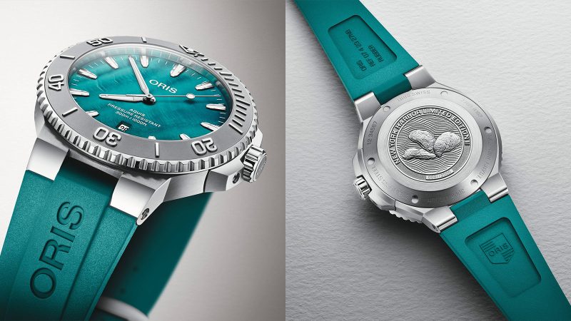 Oris Aquis Date New York Harbor Limited Edition II with aqua green mother-of-pearl dial, 43.5mm stainless steel case, engraved oyster caseback, and stainless steel bracelet.