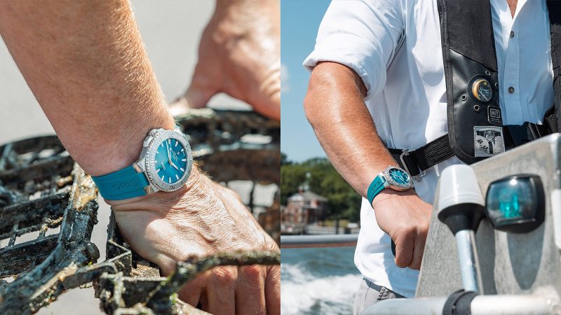 Oris Aquis Date New York Harbor Limited Edition II with aqua green mother-of-pearl dial, 43.5mm stainless steel case, engraved oyster caseback, and stainless steel bracelet.