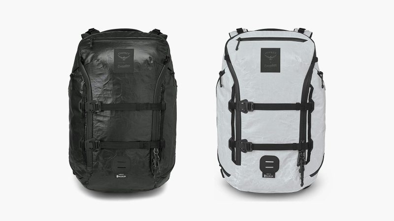 Osprey x Carryology Archeon “Fūjin” backpack and modular pouch with ALUULA Durlyte™ fabric, modular pouch attachment, AirSpeed suspension, and wind camo interior.