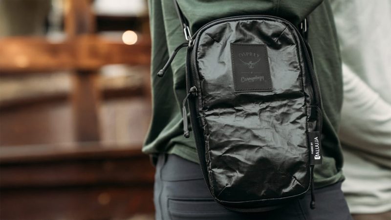 Osprey x Carryology Archeon “Fūjin” backpack and modular pouch with ALUULA Durlyte™ fabric, modular pouch attachment, AirSpeed suspension, and wind camo interior.