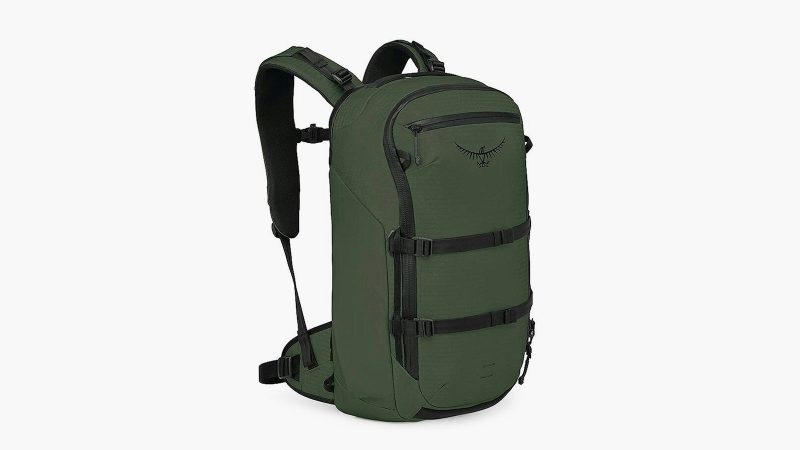 Osprey x Carryology Archeon “Fūjin” backpack and modular pouch with ALUULA Durlyte™ fabric, modular pouch attachment, AirSpeed suspension, and wind camo interior.