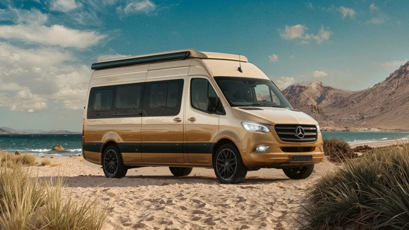 Robeta Mobil Ananya GlamperVan features an L-shaped lounge, a Skywindow roof panel, premium finishes, and a built-in washer/dryer.