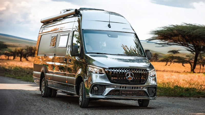 Robeta Mobil Ananya GlamperVan features an L-shaped lounge, a Skywindow roof panel, premium finishes, and a built-in washer/dryer.