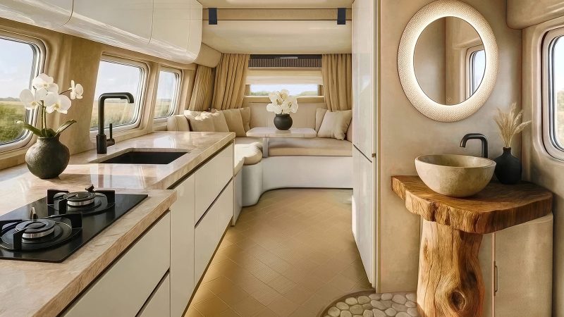 Robeta Mobil Ananya GlamperVan features an L-shaped lounge, a Skywindow roof panel, premium finishes, and a built-in washer/dryer.
