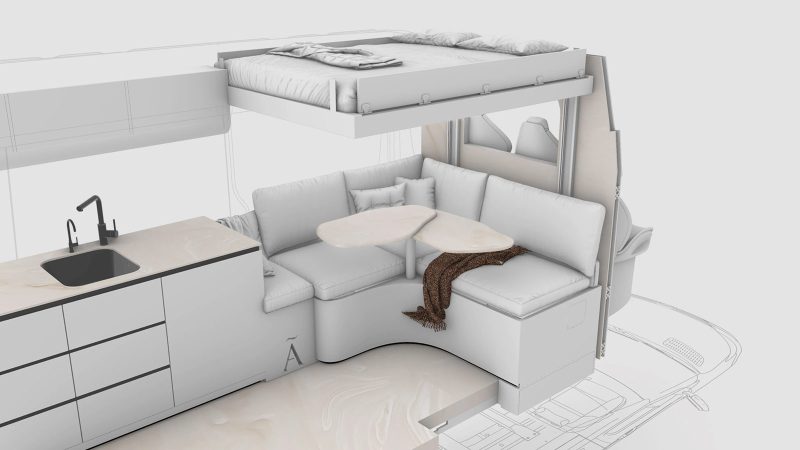 Robeta Mobil Ananya GlamperVan features an L-shaped lounge, a Skywindow roof panel, premium finishes, and a built-in washer/dryer.