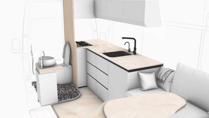 Robeta Mobil Ananya GlamperVan features an L-shaped lounge, a Skywindow roof panel, premium finishes, and a built-in washer/dryer.