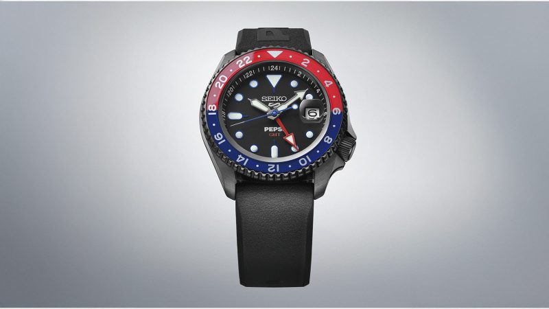 Official Seiko 5 Sports x Pepsi limited-edition watches featuring red-and-blue bezels, modern and vintage styles, and collectible soda-can-inspired packaging.