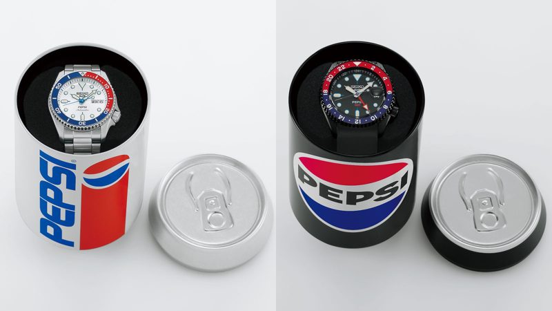 Official Seiko 5 Sports x Pepsi limited-edition watches featuring red-and-blue bezels, modern and vintage styles, and collectible soda-can-inspired packaging.