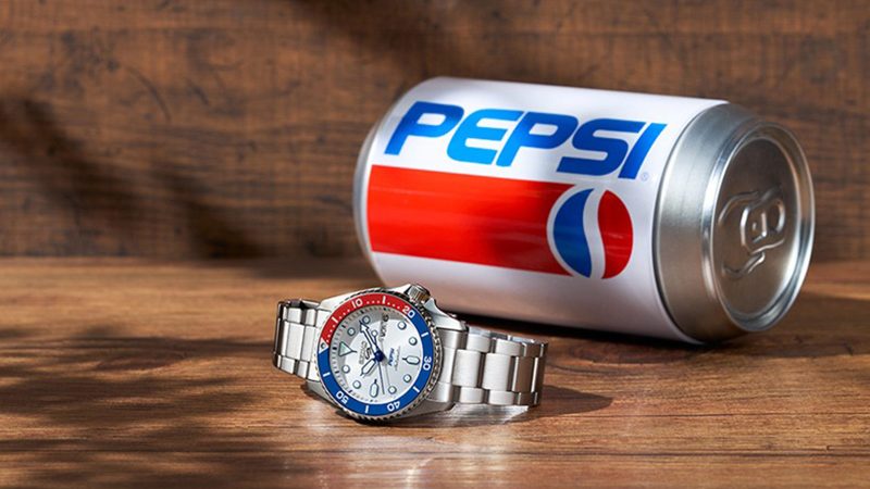 Official Seiko 5 Sports x Pepsi limited-edition watches featuring red-and-blue bezels, modern and vintage styles, and collectible soda-can-inspired packaging.