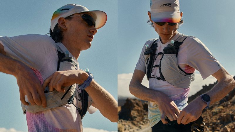 Soar Trail Race Pack—ultralight trail vest with tensioned cords, quad-axial mesh, Dyneema stretch, 8 integrated pockets, and cheek-contoured bottle design.