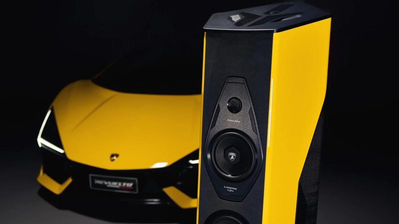 Sonus faber x Lamborghini Il Cremonese Ex3me luxury speakers feature carbon fiber panels and a diamond-shaped cabinet design.