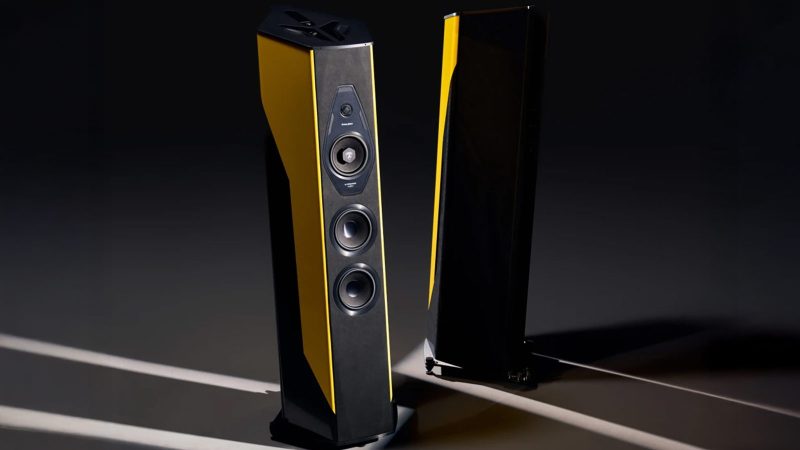 Sonus faber x Lamborghini Il Cremonese Ex3me luxury speakers feature carbon fiber panels and a diamond-shaped cabinet design.