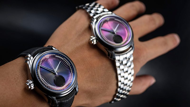 Ming 57.04 Iris left-handed monopusher chronograph with color-shifting Iris-effect dial, sculptural steel case, and Swiss hand-wound movement.