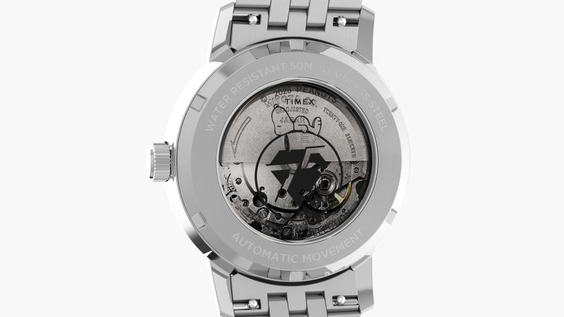 Timex x Peanuts® Marlin® Automatic 75th Anniversary Edition watch with silver sunray dial, exhibition caseback, and polished stainless-steel bracelet.