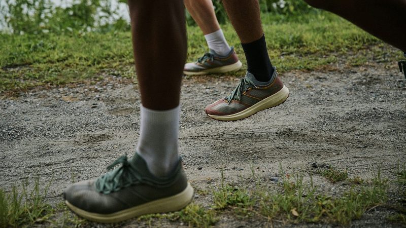 Tracksmith’s Eliot Range trail running shoe in minimalist design with Vibram XS Trek Evo outsole and Merino wool bootie for comfort and traction.