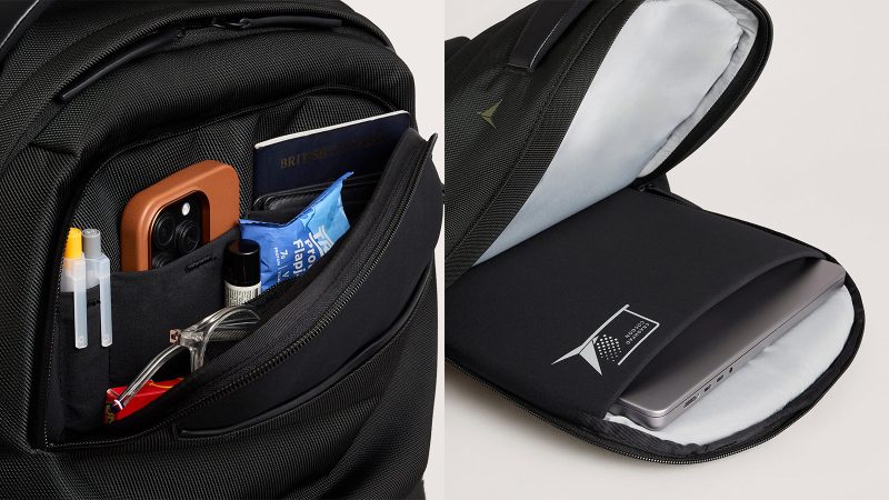Troubadour Neo Backpack features a waterproof coating, a laptop sleeve, and a lightweight design for travel and commuting.