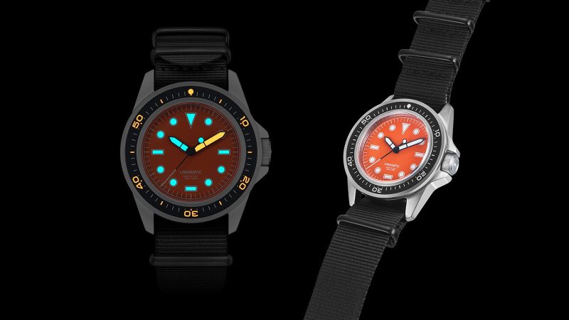 UNIMATIC’s PRODIVER titanium dive watch with black NATO strap, matte ceramic bezel, and luminous dial.