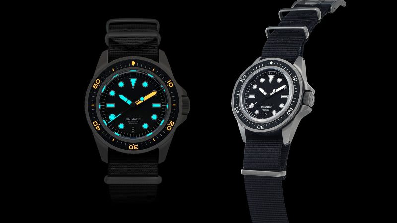 UNIMATIC’s PRODIVER titanium dive watch with black NATO strap, matte ceramic bezel, and luminous dial.