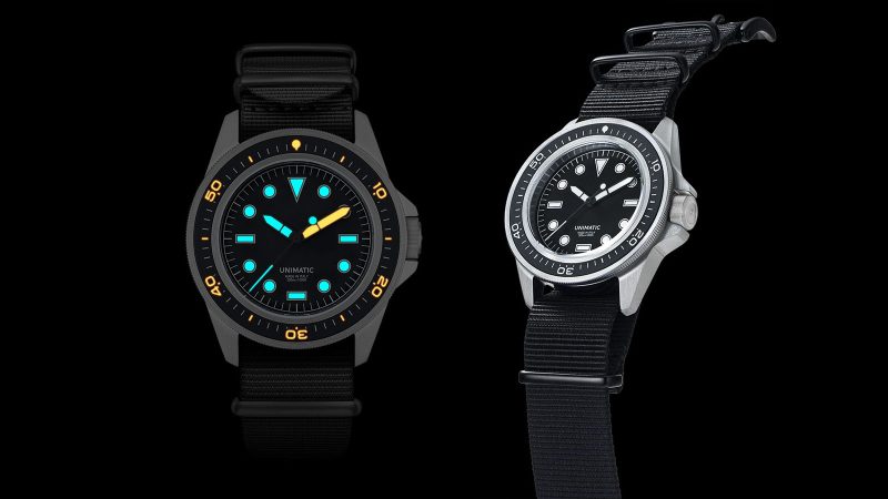 UNIMATIC’s PRODIVER titanium dive watch with black NATO strap, matte ceramic bezel, and luminous dial.