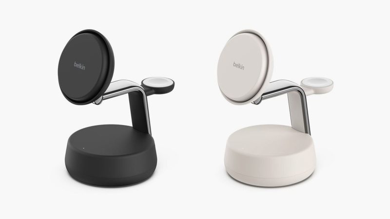 Belkin UltraCharge Pro 3-in-1 Magnetic Charging Dock with Qi2 25W fast charging, ChillBoost cooling, and sleek chrome design for iPhone, Apple Watch, and AirPods.