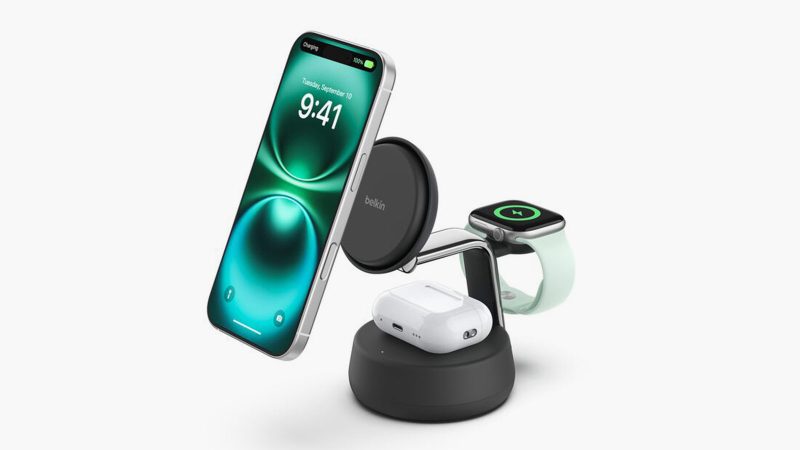 Belkin UltraCharge Pro 3-in-1 Magnetic Charging Dock with Qi2 25W fast charging, ChillBoost cooling, and sleek chrome design for iPhone, Apple Watch, and AirPods.