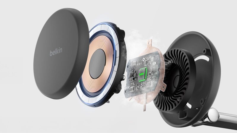 Belkin UltraCharge Pro 3-in-1 Magnetic Charging Dock with Qi2 25W fast charging, ChillBoost cooling, and sleek chrome design for iPhone, Apple Watch, and AirPods.