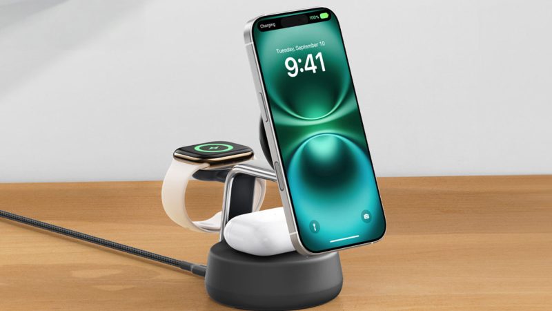 Belkin UltraCharge Pro 3-in-1 Magnetic Charging Dock with Qi2 25W fast charging, ChillBoost cooling, and sleek chrome design for iPhone, Apple Watch, and AirPods.