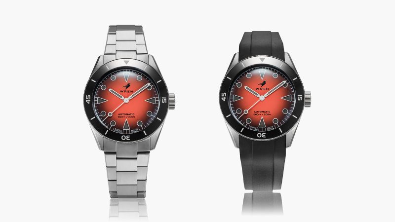 The Wren Diver One Magma shows its fiery lava-inspired fumé dial, ceramic bezel, and stainless-steel case with black lume accents.