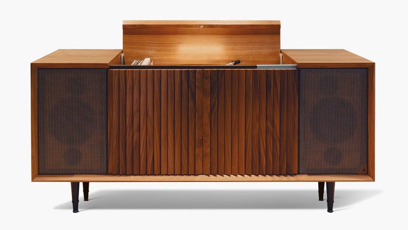 The Wrensilva Larrabee Creator Edition M1 record console with walnut cabinetry, Guatemalan-inspired details, custom speakers, and studio-grade analog sound.