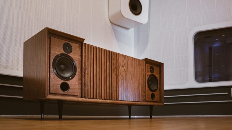 The Wrensilva Larrabee Creator Edition M1 record console with walnut cabinetry, Guatemalan-inspired details, custom speakers, and studio-grade analog sound.