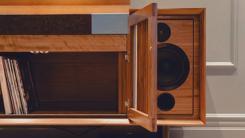 The Wrensilva Larrabee Creator Edition M1 record console with walnut cabinetry, Guatemalan-inspired details, custom speakers, and studio-grade analog sound.