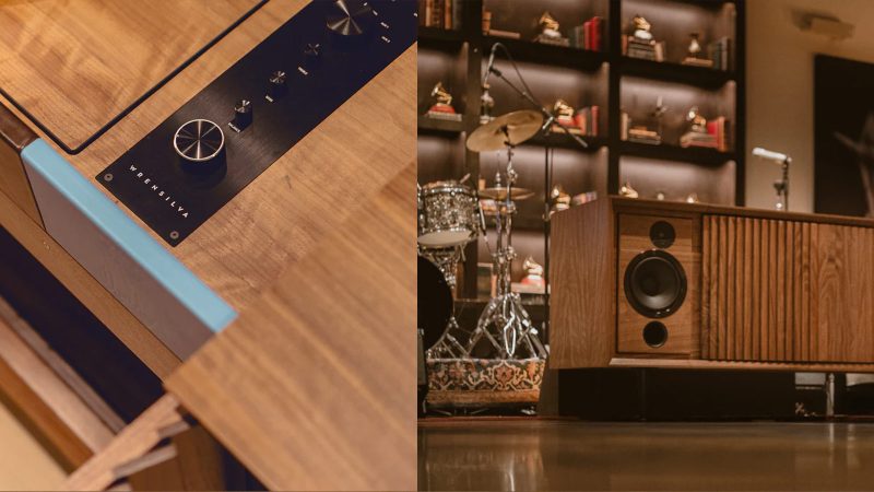 The Wrensilva Larrabee Creator Edition M1 record console with walnut cabinetry, Guatemalan-inspired details, custom speakers, and studio-grade analog sound.