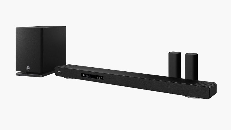 Yamaha True X Surround 90A soundbar system with 12 up-firing Dolby Atmos speakers, wireless rears, redesigned subwoofer, and Surround:AI processing.
