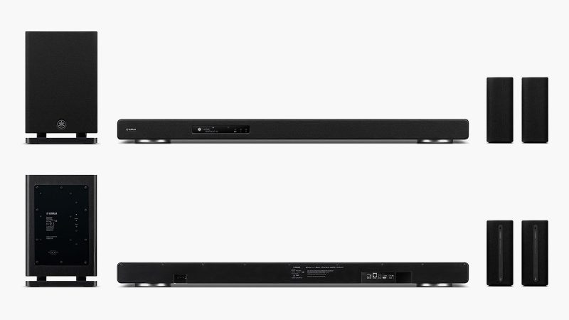 Yamaha True X Surround 90A soundbar system with 12 up-firing Dolby Atmos speakers, wireless rears, redesigned subwoofer, and Surround:AI processing.