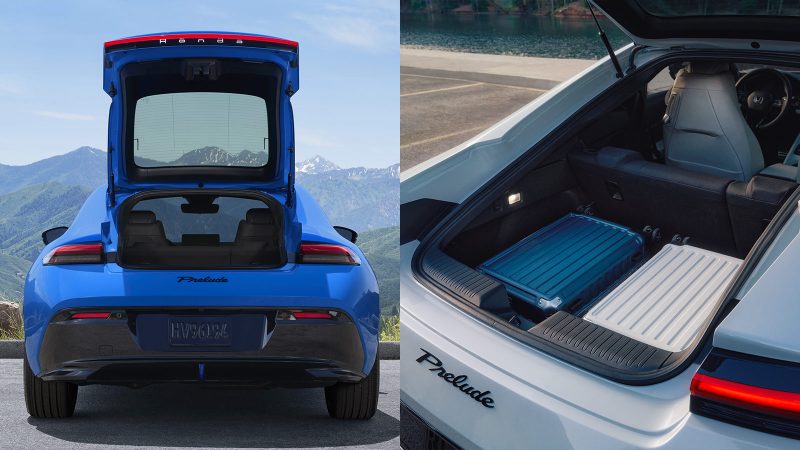 The 2026 Honda Prelude hybrid-electric sports coupe features a wide stance, flared fenders, Berlina Black wheels, and sleek GT styling.