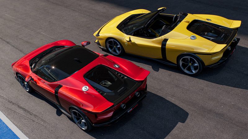 The 2027 Ferrari 849 Testarossa hybrid supercar in coupe and Spider form, delivering 1,036 horsepower with bold design and advanced aerodynamics.