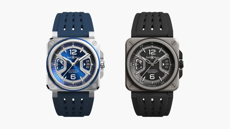 The Bell & Ross BR-X3 Black Titanium watch has a multilayer titanium case, aerospace-inspired design, COSC-certified movement, aTnd a vented black rubber strap.