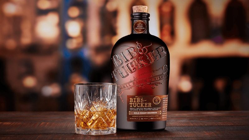 Bib & Tucker Gold Roast Small Batch Bourbon Whiskey, infused with Arabica coffee beans, featuring rich roasted aromas and smooth Tennessee bourbon character.