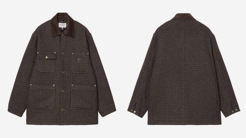 Carhartt WIP Lowis Houndstooth Chore Coat in Vitola Heather with quilted lining, corduroy collar, and heritage-inspired workwear design.