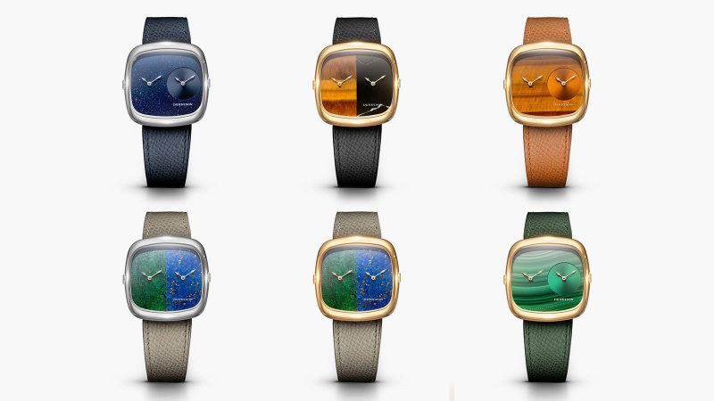 Dennison ALD Dual Time watch with slim case, twin displays, and bold stone dial designs inspired by 1970s retro style.